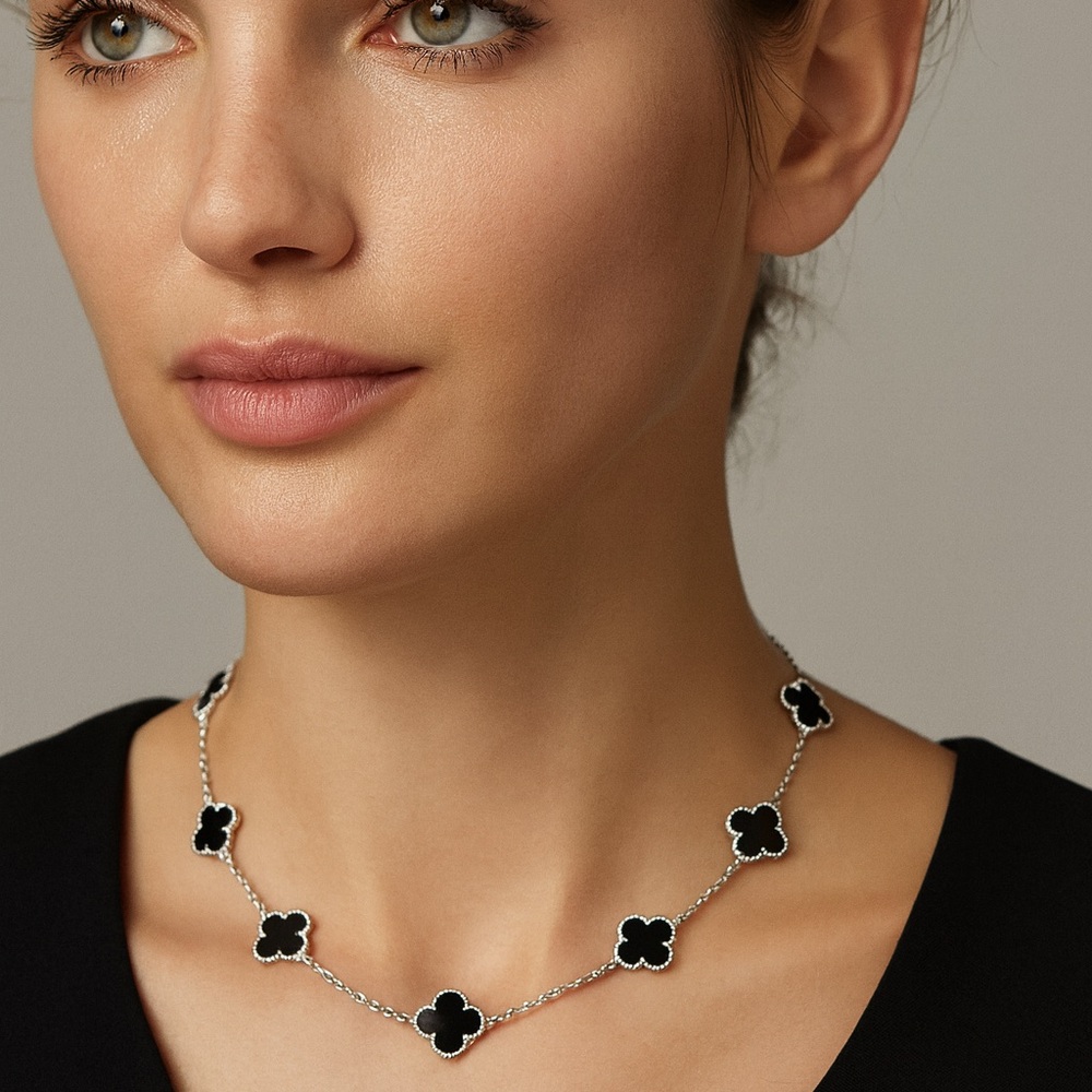 925 Sterling Silver Onyx Clover Station Necklace - Picture 6 of 7